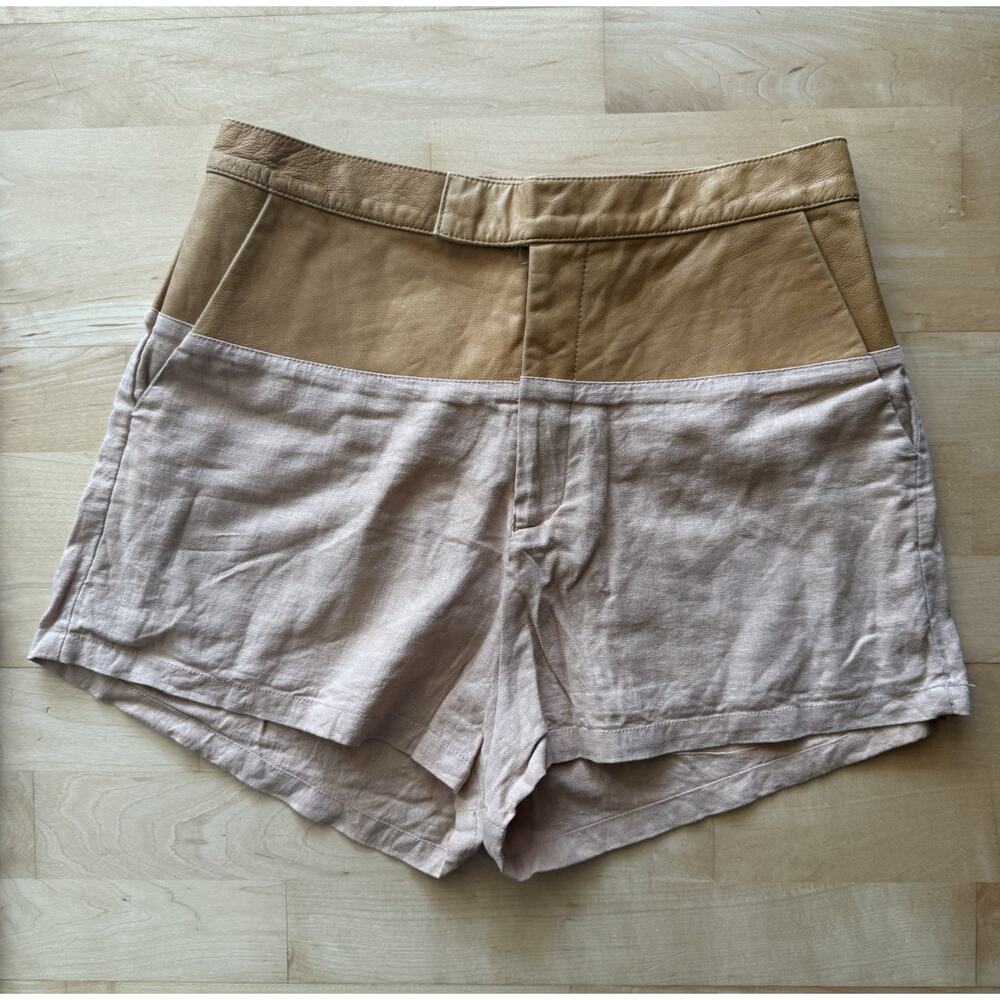 shakuhachi Tan Leather Trim Shorts Linen Cotton 28”